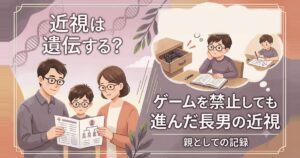 近視は遺伝する?ゲームを禁止しても進んだ長男の近視|眼鏡をかけた家族のイラスト